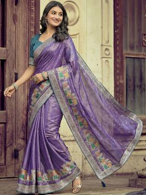 Purple ethnic motifs embroidered silk blend heavy work saree 3
