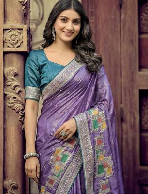 Purple ethnic motifs embroidered silk blend heavy work saree 4