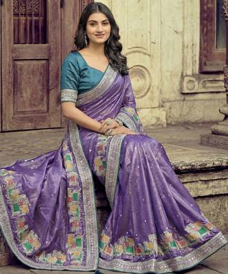 Purple ethnic motifs embroidered silk blend heavy work saree 5