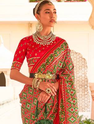 Red ethnic motifs printed ikat saree 2