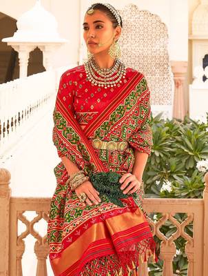 Red ethnic motifs printed ikat saree 3