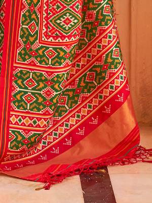 Red ethnic motifs printed ikat saree 4