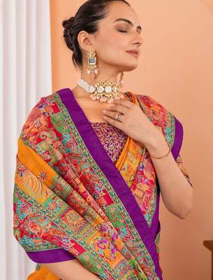 Mustard ethnic motifs silk blend saree 4