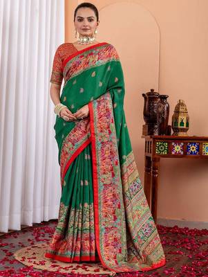 Green ethnic motifs silk blend saree 1