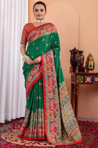 Green ethnic motifs silk blend saree