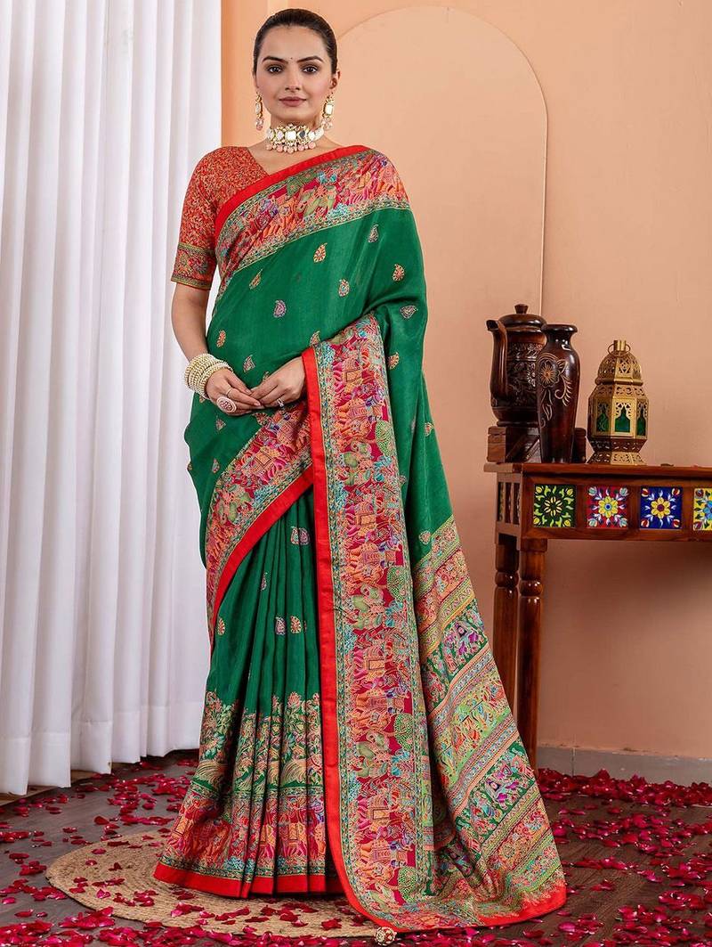 Green ethnic motifs silk blend saree