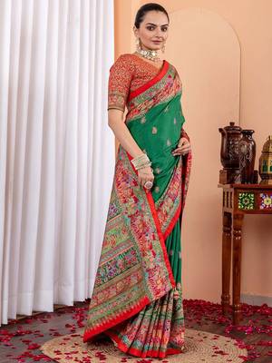Green ethnic motifs silk blend saree 2