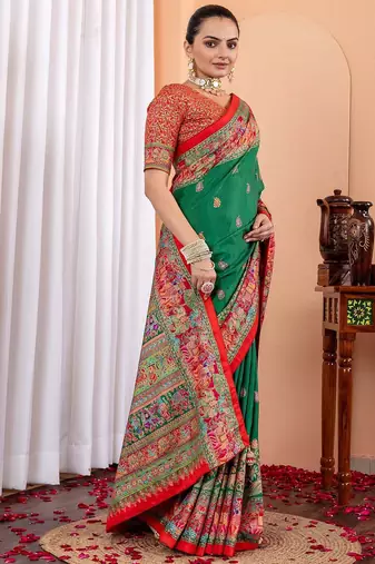 Green ethnic motifs silk blend saree
