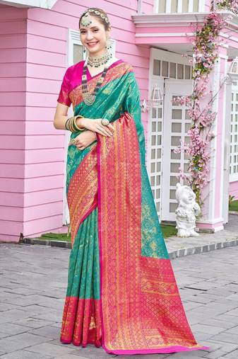 turquoise woven design zari saree