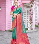 turquoise woven design zari saree