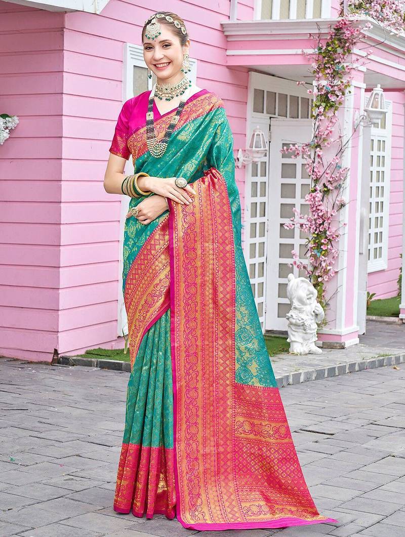 turquoise woven design zari saree