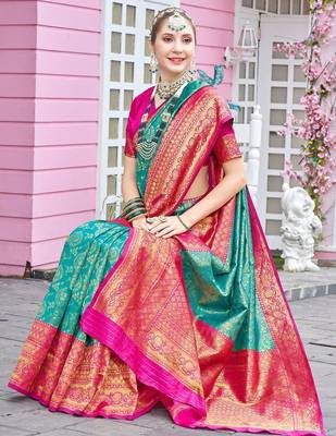 turquoise woven design zari saree 3