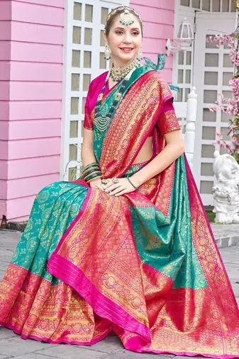 turquoise woven design zari saree