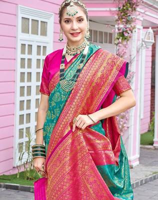 turquoise woven design zari saree 4
