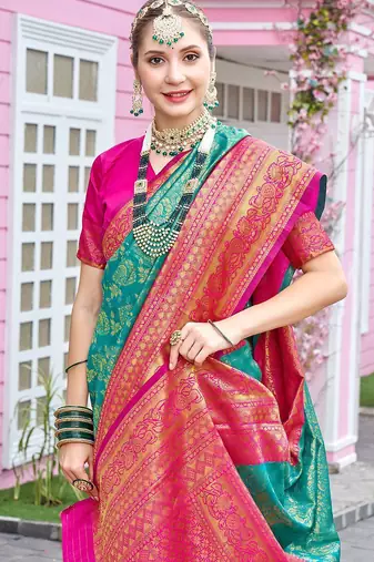 turquoise woven design zari saree