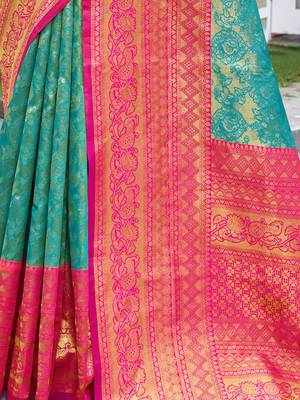 turquoise woven design zari saree 5