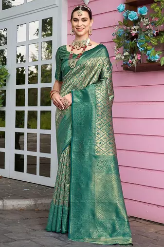 green ethnic motifs woven design zari detail kanjeevaram saree