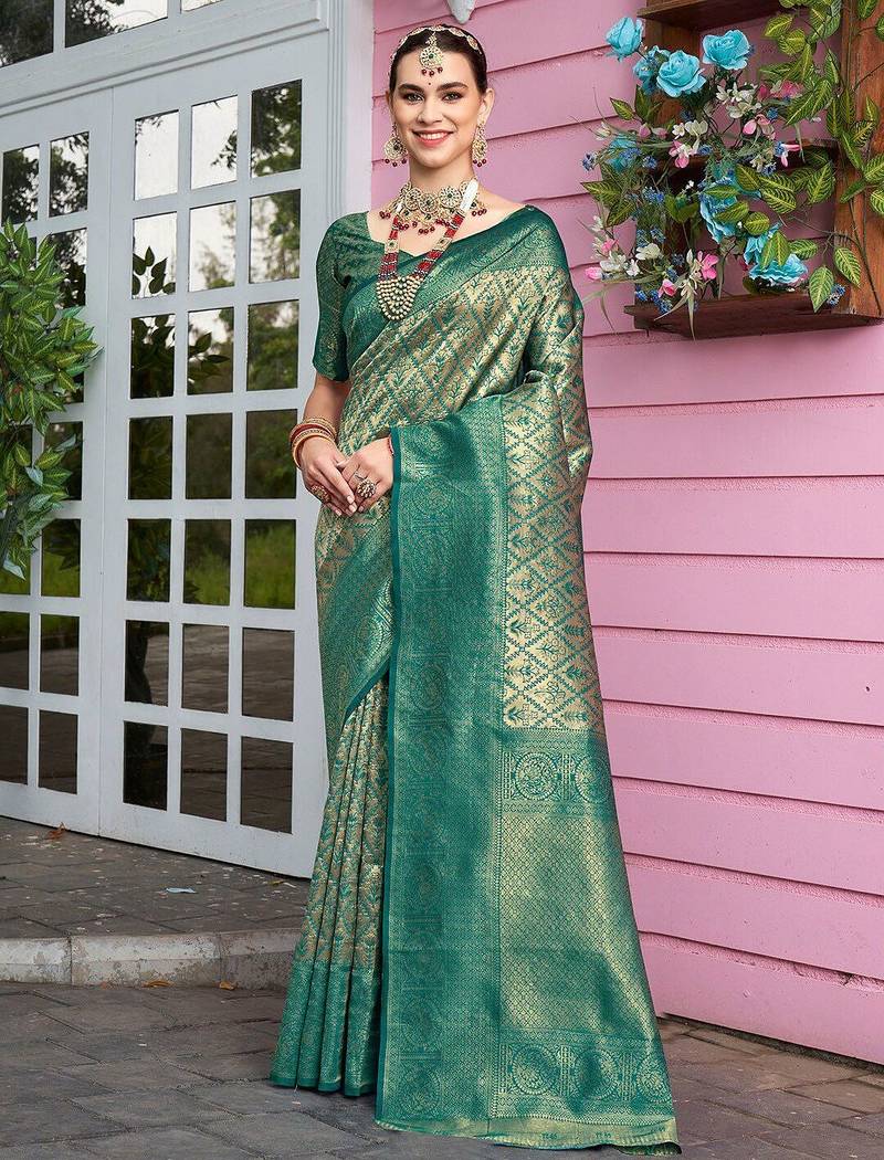 green ethnic motifs woven design zari detail kanjeevaram saree