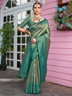 green ethnic motifs woven design zari detail kanjeevaram saree 2