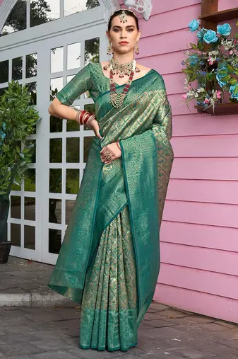 green ethnic motifs woven design zari detail kanjeevaram saree