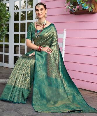 green ethnic motifs woven design zari detail kanjeevaram saree 3