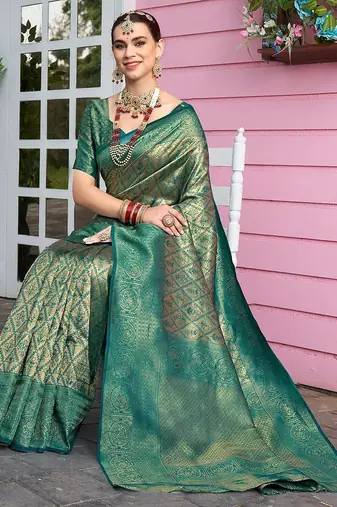 green ethnic motifs woven design zari detail kanjeevaram saree