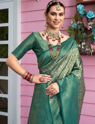 green ethnic motifs woven design zari detail kanjeevaram saree 4