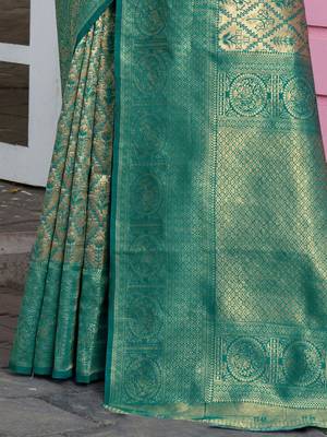 green ethnic motifs woven design zari detail kanjeevaram saree 5