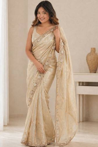 gold ethnic motifs beads and stones satin heavy work saree