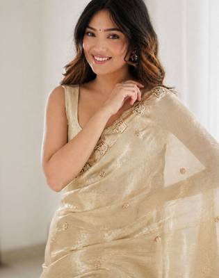 gold ethnic motifs beads and stones satin heavy work saree 4