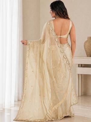 gold ethnic motifs beads and stones satin heavy work saree 5