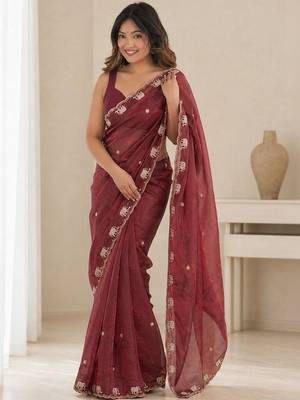 maroon ethnic motifs beads and stones satin heavy work saree 1