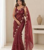 maroon ethnic motifs beads and stones satin heavy work saree