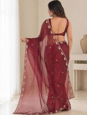 maroon ethnic motifs beads and stones satin heavy work saree 2