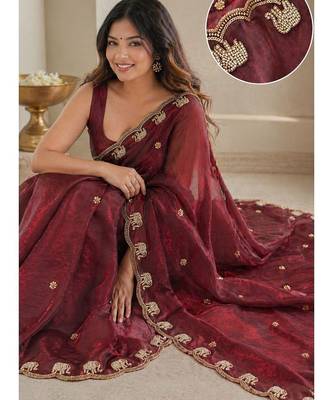 maroon ethnic motifs beads and stones satin heavy work saree 3