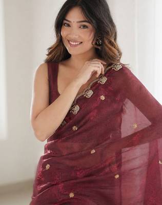 maroon ethnic motifs beads and stones satin heavy work saree 4