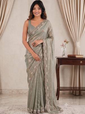sea green ethnic motifs beads and stones satin designer saree 1