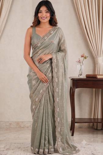 sea green ethnic motifs beads and stones satin designer saree