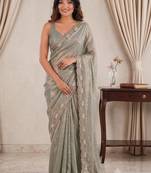 sea green ethnic motifs beads and stones satin designer saree