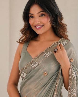 sea green ethnic motifs beads and stones satin designer saree 2