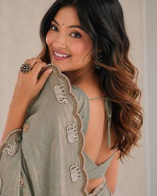 sea green ethnic motifs beads and stones satin designer saree 3