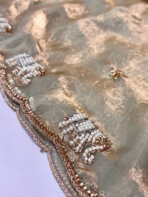 sea green ethnic motifs beads and stones satin designer saree 5