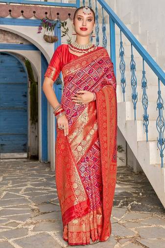 pink & red ethnic motifs woven design zari kanjeevaram saree