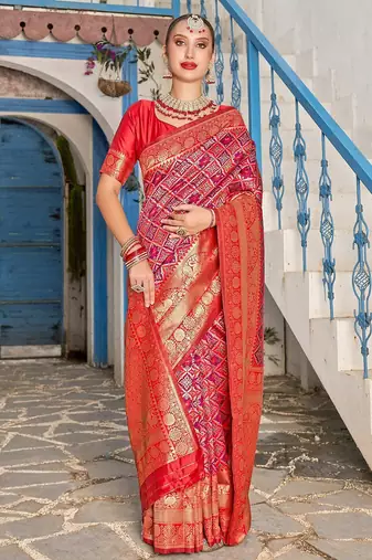 pink & red ethnic motifs woven design zari kanjeevaram saree