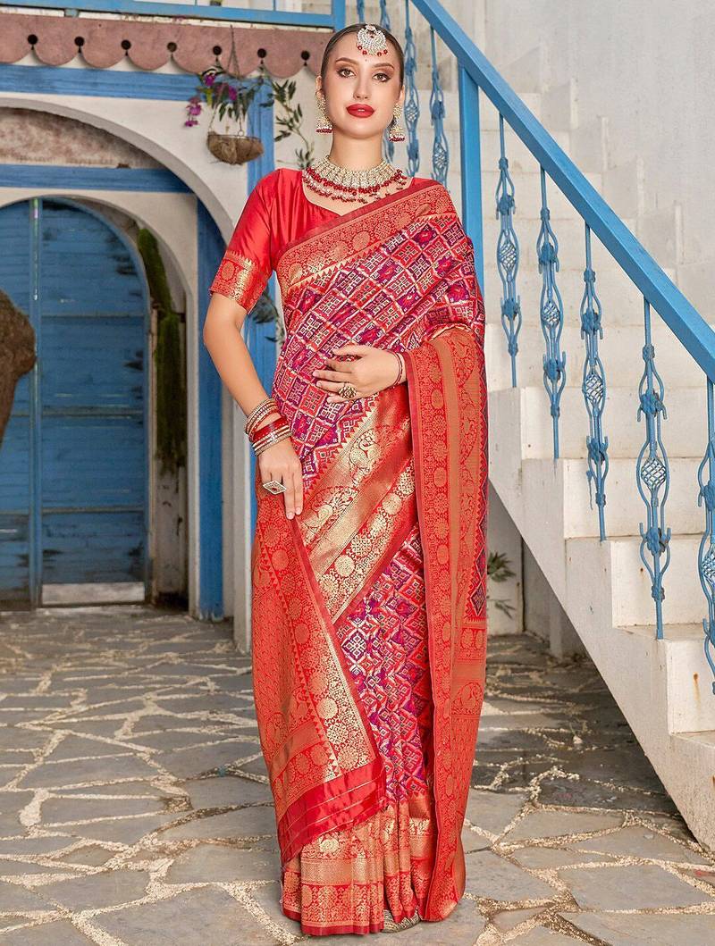 pink & red ethnic motifs woven design zari kanjeevaram saree