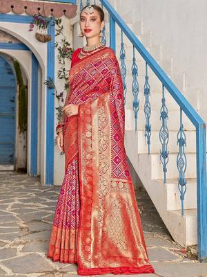 pink & red ethnic motifs woven design zari kanjeevaram saree 2