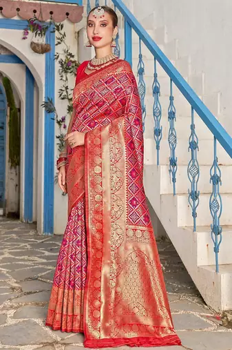 pink & red ethnic motifs woven design zari kanjeevaram saree
