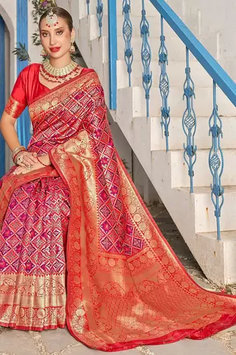 pink & red ethnic motifs woven design zari kanjeevaram saree