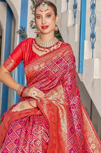 pink & red ethnic motifs woven design zari kanjeevaram saree