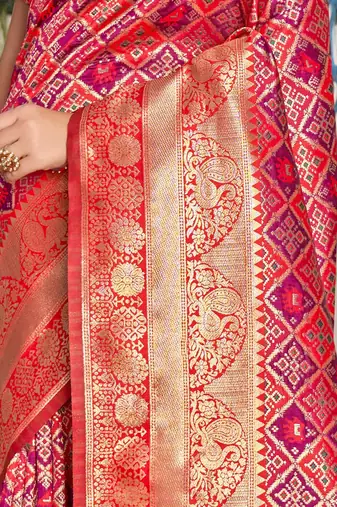 pink & red ethnic motifs woven design zari kanjeevaram saree